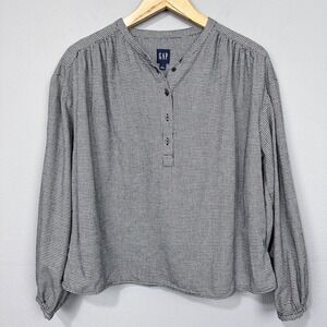 GAP Henley Blouse Womens Size L Black Houndstooth Flannel Long Sleeve Boxy Top